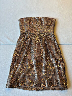 BCBGMAXAZRIA Sequin Mini Dress in Brown & Gold Size 4 Like New